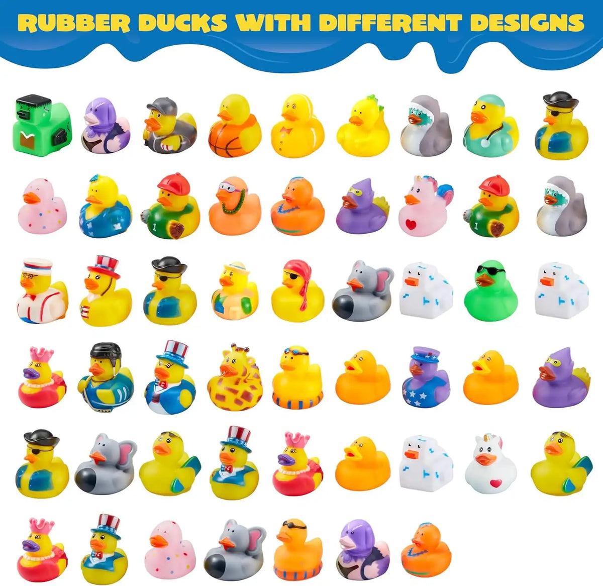 A variety pack of colorful rubber ducks with different designs and colors.