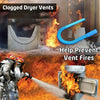 A technician uses a flexible vacuum hose to clean clogged dryer vents, preventing fires.