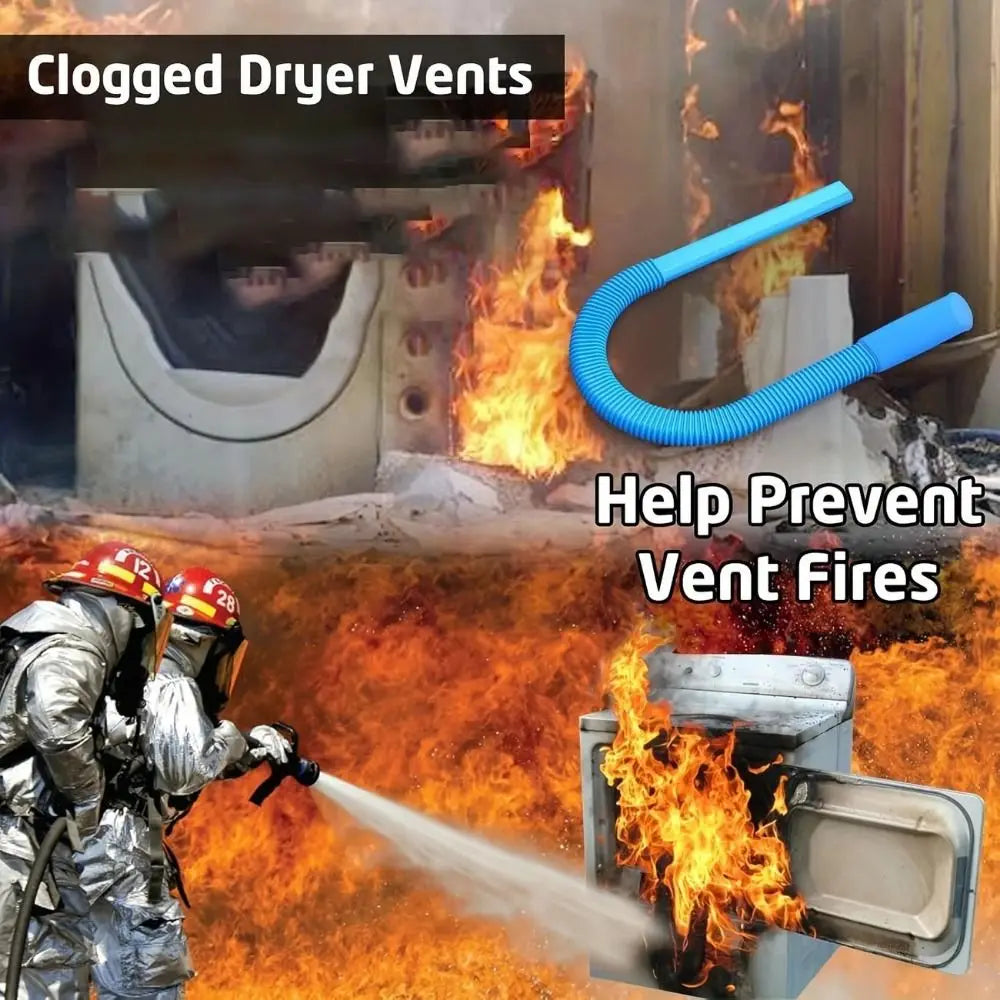 A technician uses a flexible vacuum hose to clean clogged dryer vents, preventing fires.
