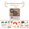 A set of 30 pieces of wooden train track for building models and trains.