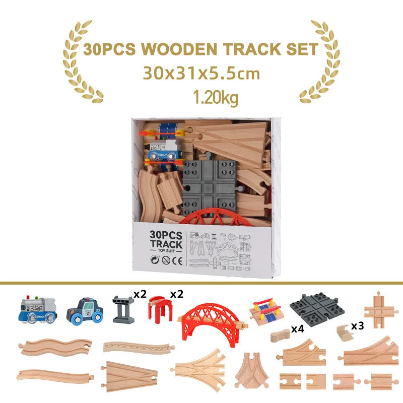 A set of 30 pieces of wooden train track for building models and trains.