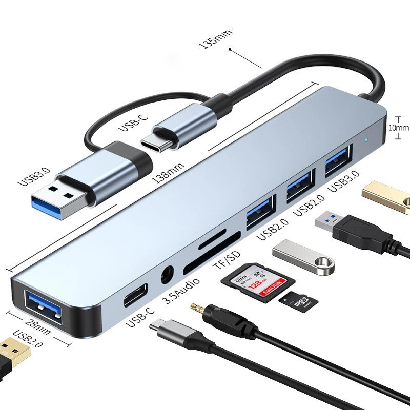 8-in-1 USB & USB-C Docking Hub with Audio Jack and Card Reader