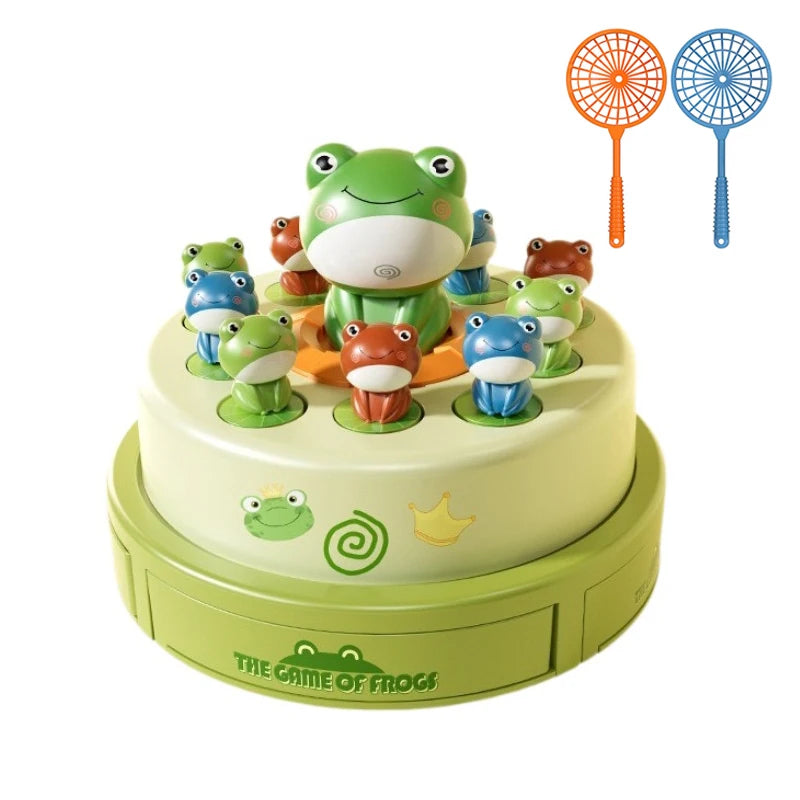A game featuring various frog figures, including a large central frog, displayed on a round green board.