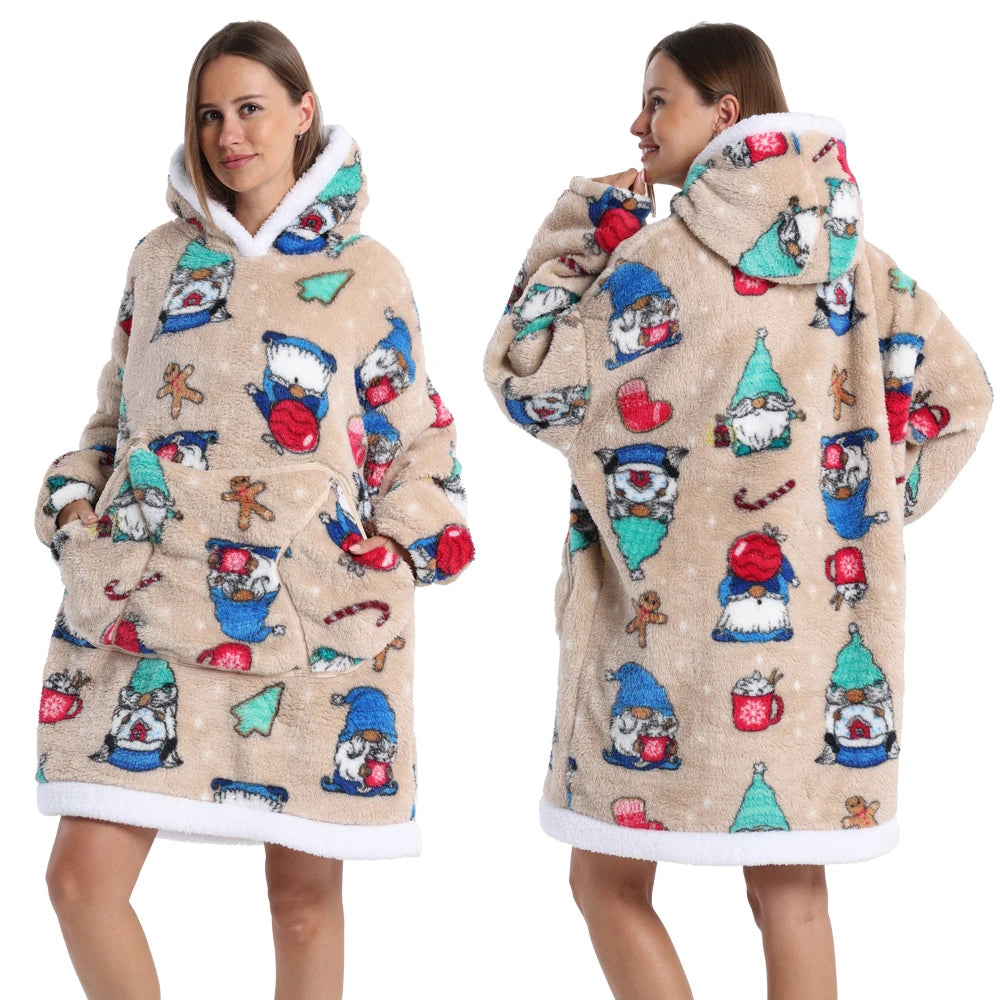Beige Patchwork Oversized Fleece Hoodie, Vorder- und Rückansicht