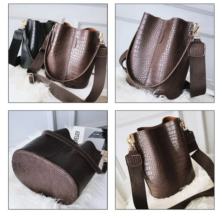 A brown crocodile pattern vintage alligator crossbody bag shown in multiple angles on a white fluffy surface.