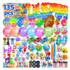 A colorful pack of sensory fidget toys and stickers for kids including pop toys, squishy balls, and various small items.