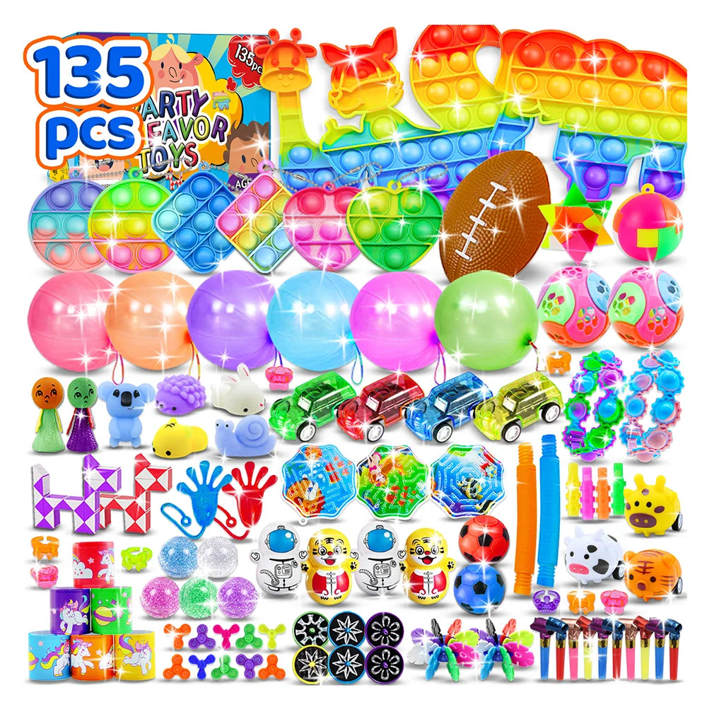 A colorful pack of sensory fidget toys and stickers for kids including pop toys, squishy balls, and various small items.