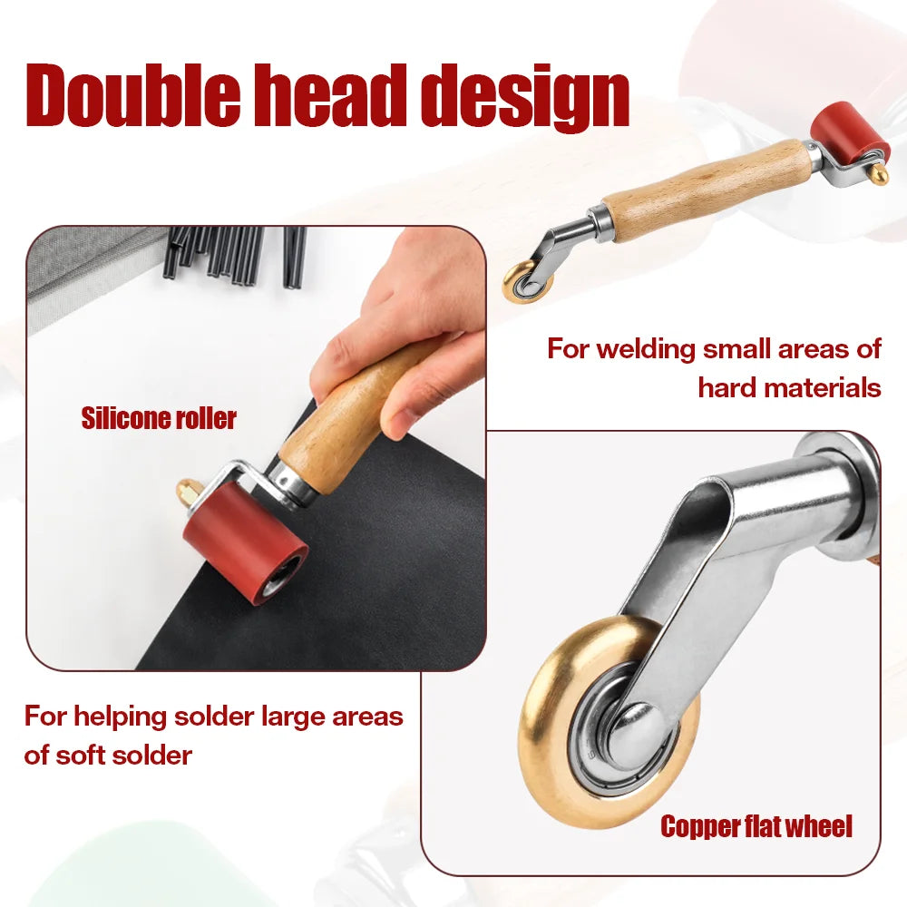 A double-headed silicone roller tool with a wooden handle and a copper flat wheel for welding small or large areas of solder.