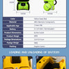 A yellow green robot toy with a black head and body, showing dimensions and battery loading instructions.