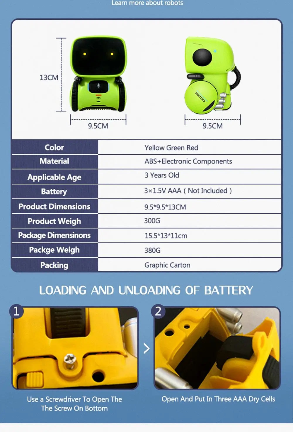 A yellow green robot toy with a black head and body, showing dimensions and battery loading instructions.