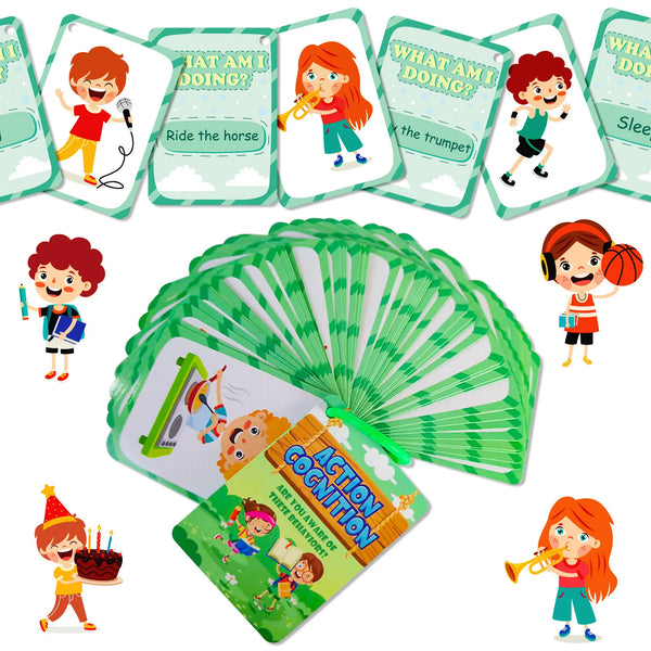Un jeu de cartes flash sur le développement cognitif avec des illustrations d'enfants à cheval et jouant de la trompette.