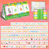 A colorful Montessori English learning flip chart featuring alphabet cards and phonetic sounds for children.
