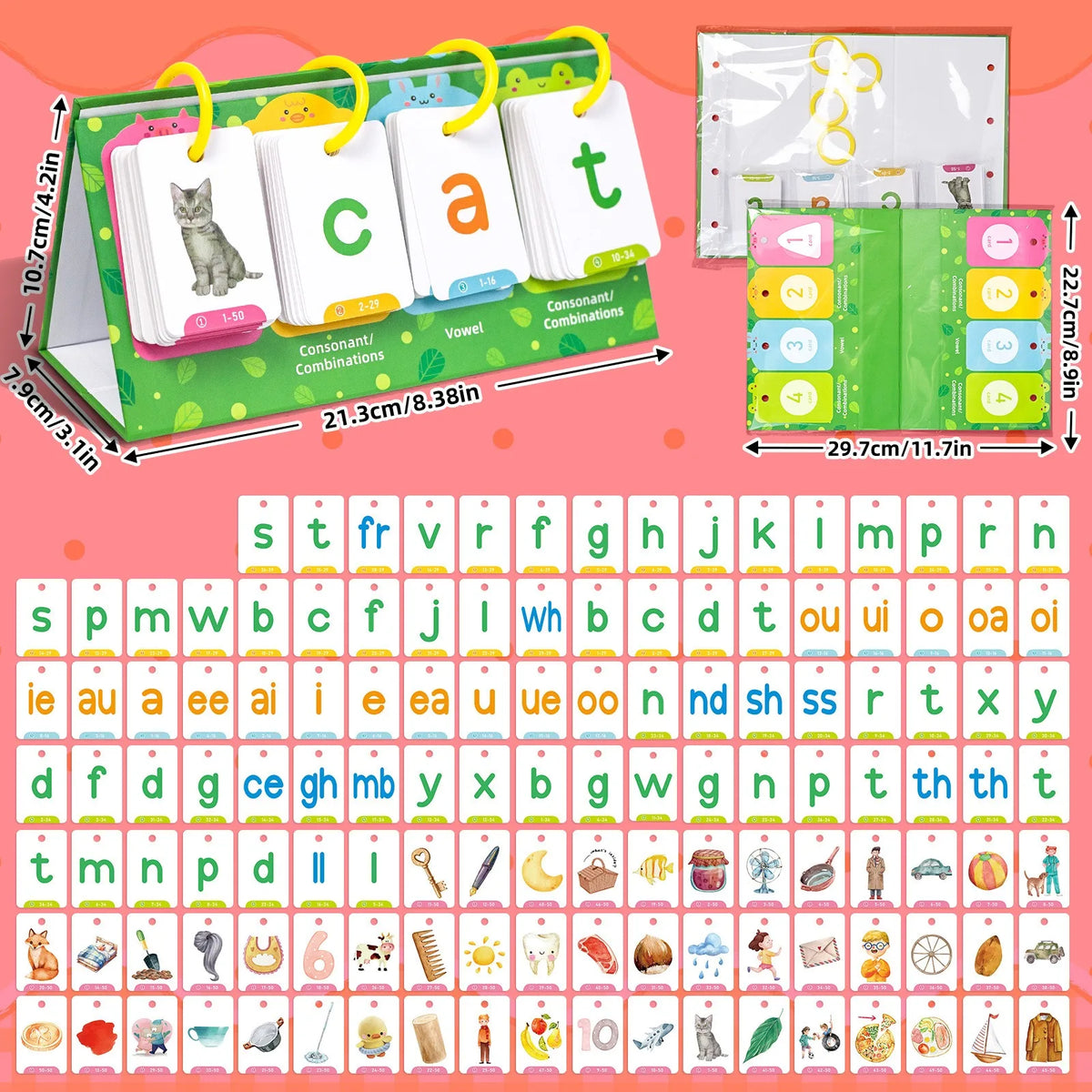 A colorful Montessori English learning flip chart featuring alphabet cards and phonetic sounds for children.
