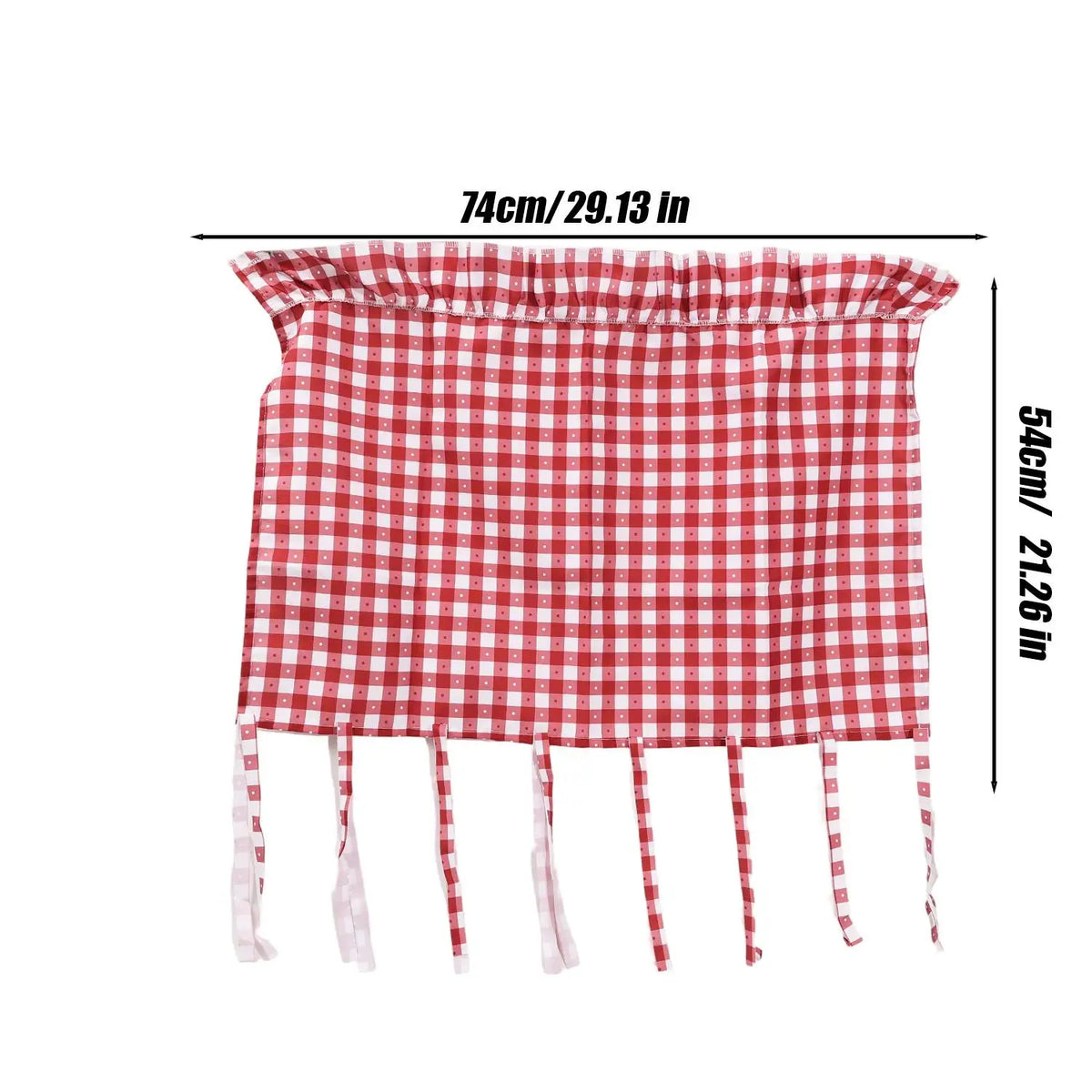 Red and white plaid farmhouse oven skirt with ruffled trim