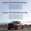 A red pickup truck is parked on a dirt road, with text listing compatible dashboard covers for Chevy Silverado and GMC Sierra
