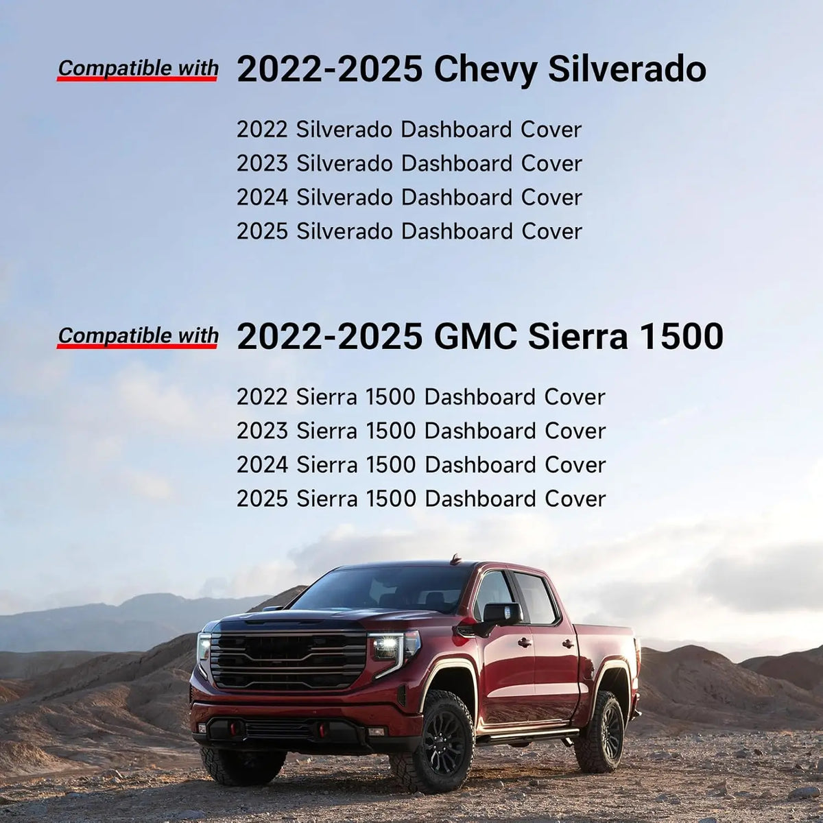 A red pickup truck is parked on a dirt road, with text listing compatible dashboard covers for Chevy Silverado and GMC Sierra
