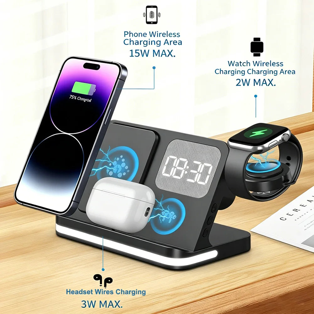 A black wireless charging dock shows various devices like a smartphone, smartwatch, and earbuds being charged.