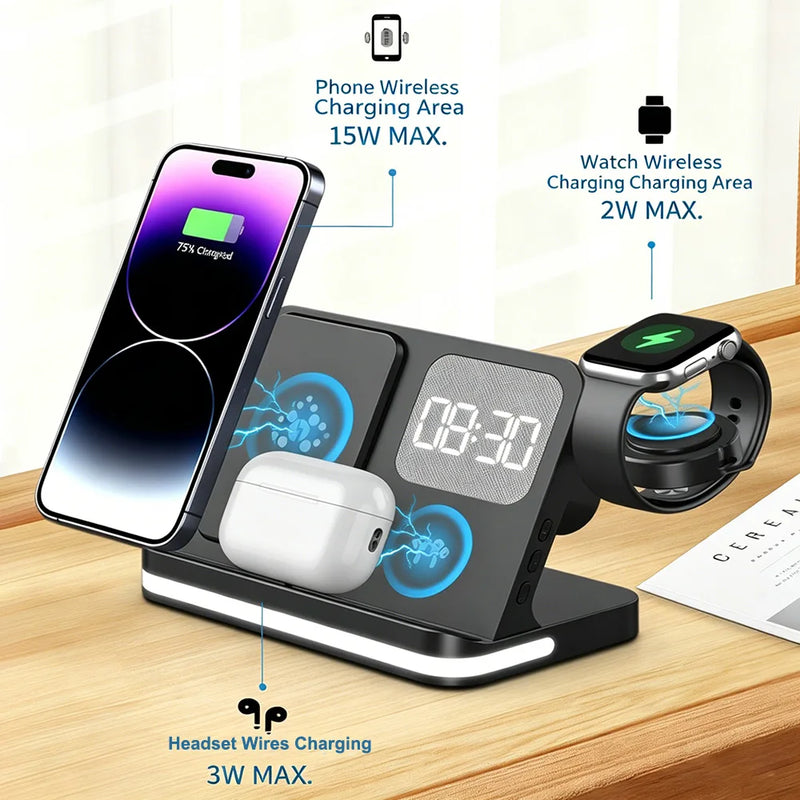 7-in-1-Ladestation mit Wecker für Smartphone, Smartwatch und In-Ear-Kopfhörer