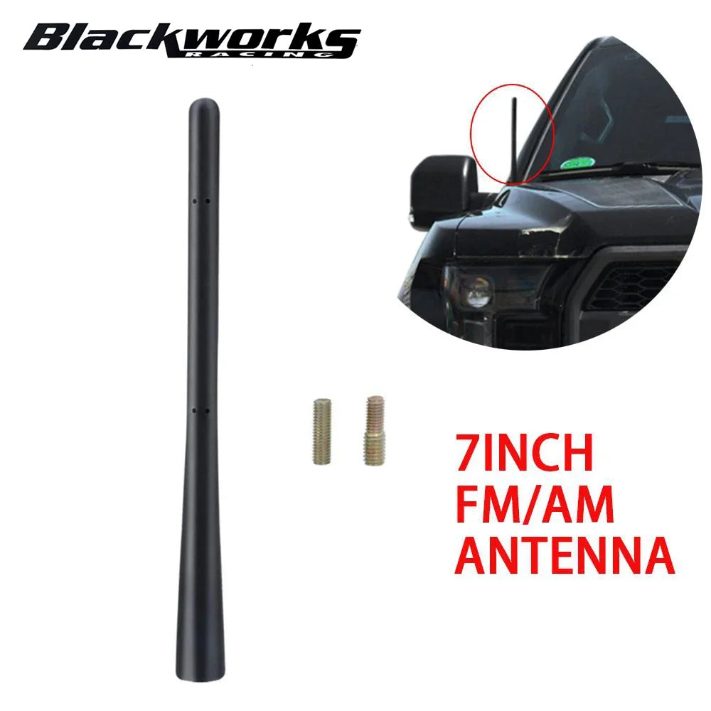 A black 7-inch FM/AM antenna for a vehicle, shown separately and installed on a car's front panel.