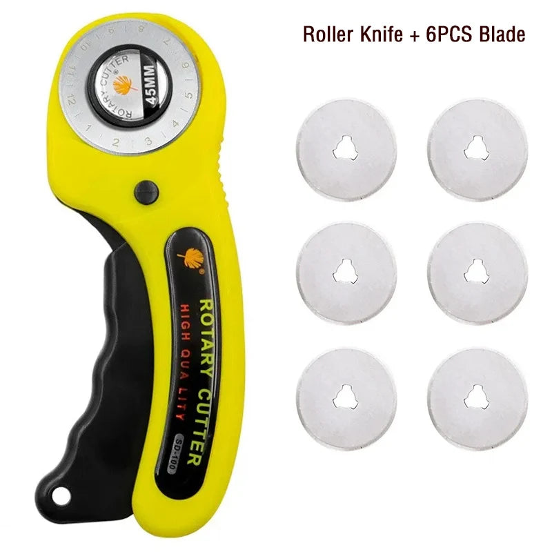 Yellow rotary knife sewing kit with a cutting mat, ruler, and six spare blades