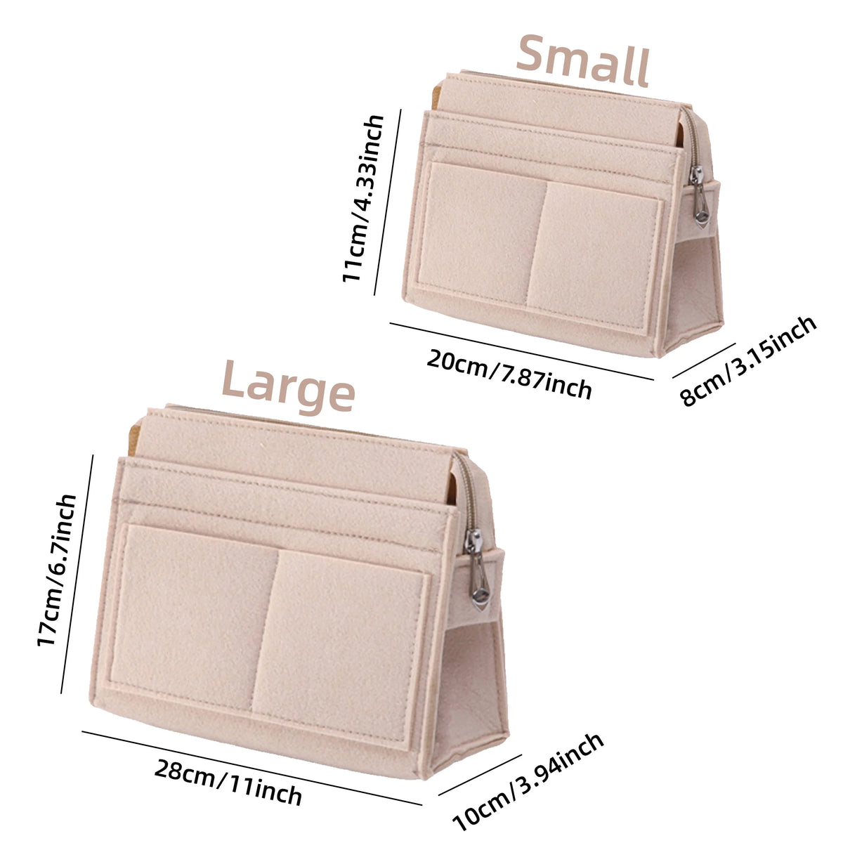 A comparison showing small and large felt multi-pocket purse organizer inserts in a light pink color.