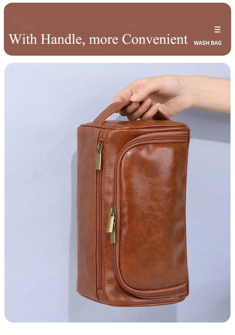 Hanging Leather Toiletry Bag with Durable Water-Resistant Design