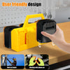 A hand is inserting a battery into a yellow and black portable storage organizer for power tool batteries.