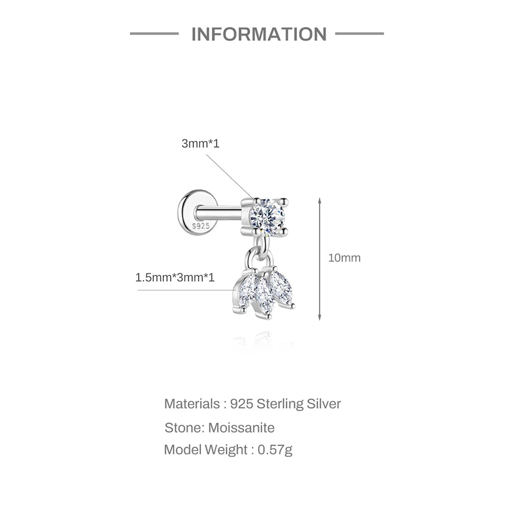 A pair of 925 Sterling Silver Moissanite bowknot stud earrings shown with detailed information.