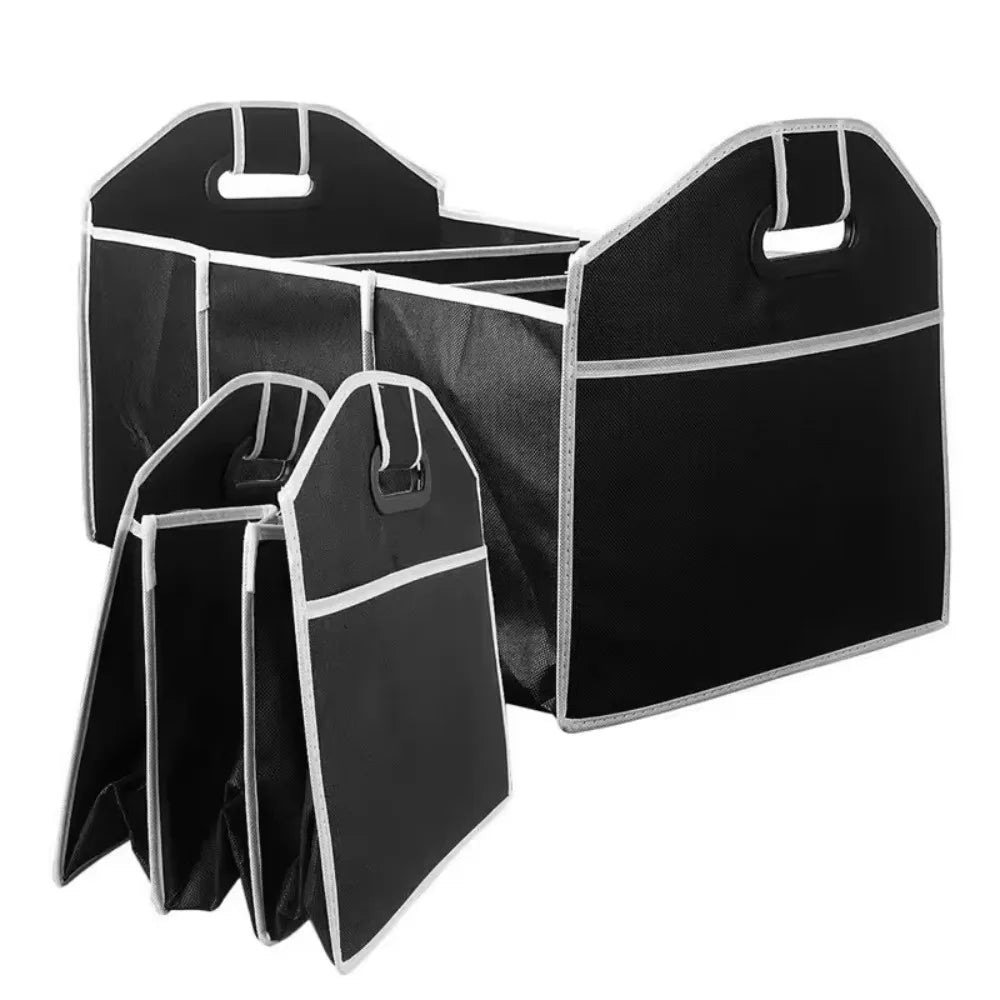 Organizador plegable para maletero de coche negro con múltiples compartimentos y asas