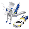 A white and blue transforming unicorn car toy with magnetic collision features.
