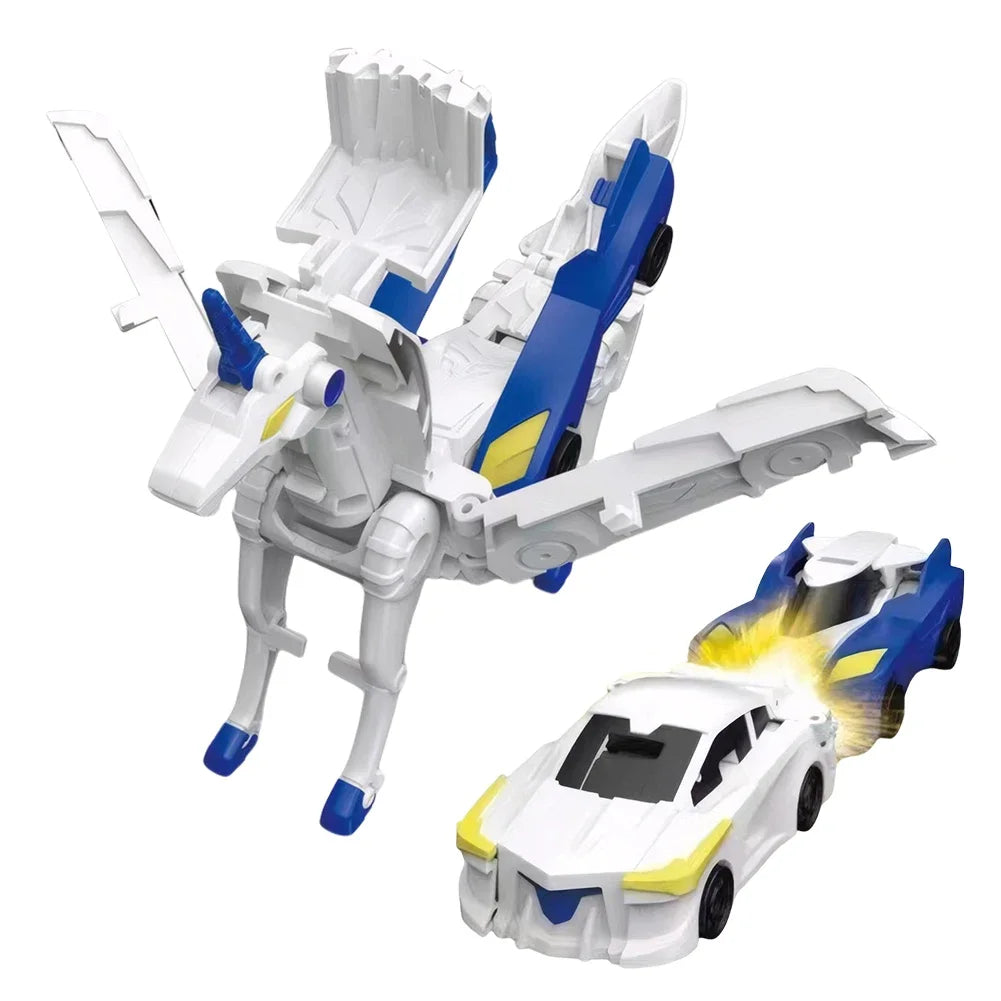 A white and blue transforming unicorn car toy with magnetic collision features.