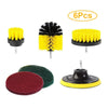 A set of six drill brush cleaning attachments including yellow and black bristles and a red pad for detailing.