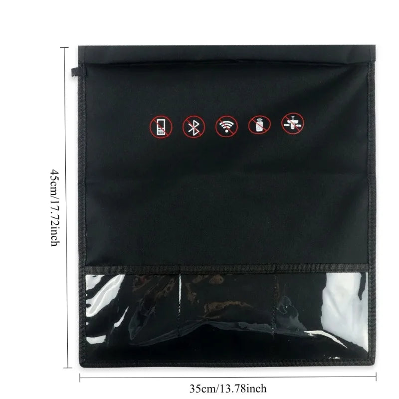 Black RFID blocking Faraday bag with icons for blocking mobile phones and other electronics