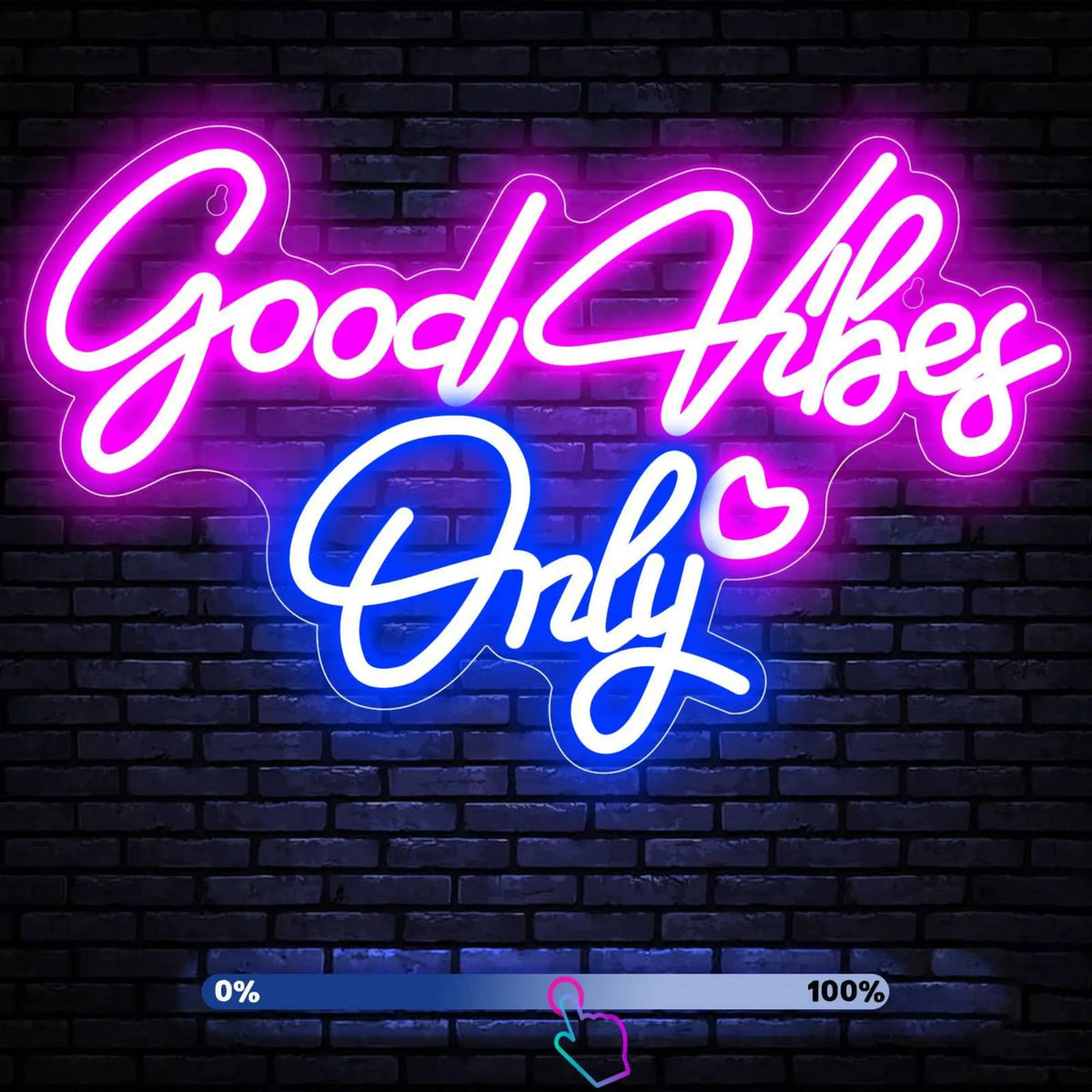 A neon sign glowing pink and blue on a dark brick wall with the text Good Vibes Only