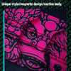 Close-up of a pink UV spray painting design on a black surface.