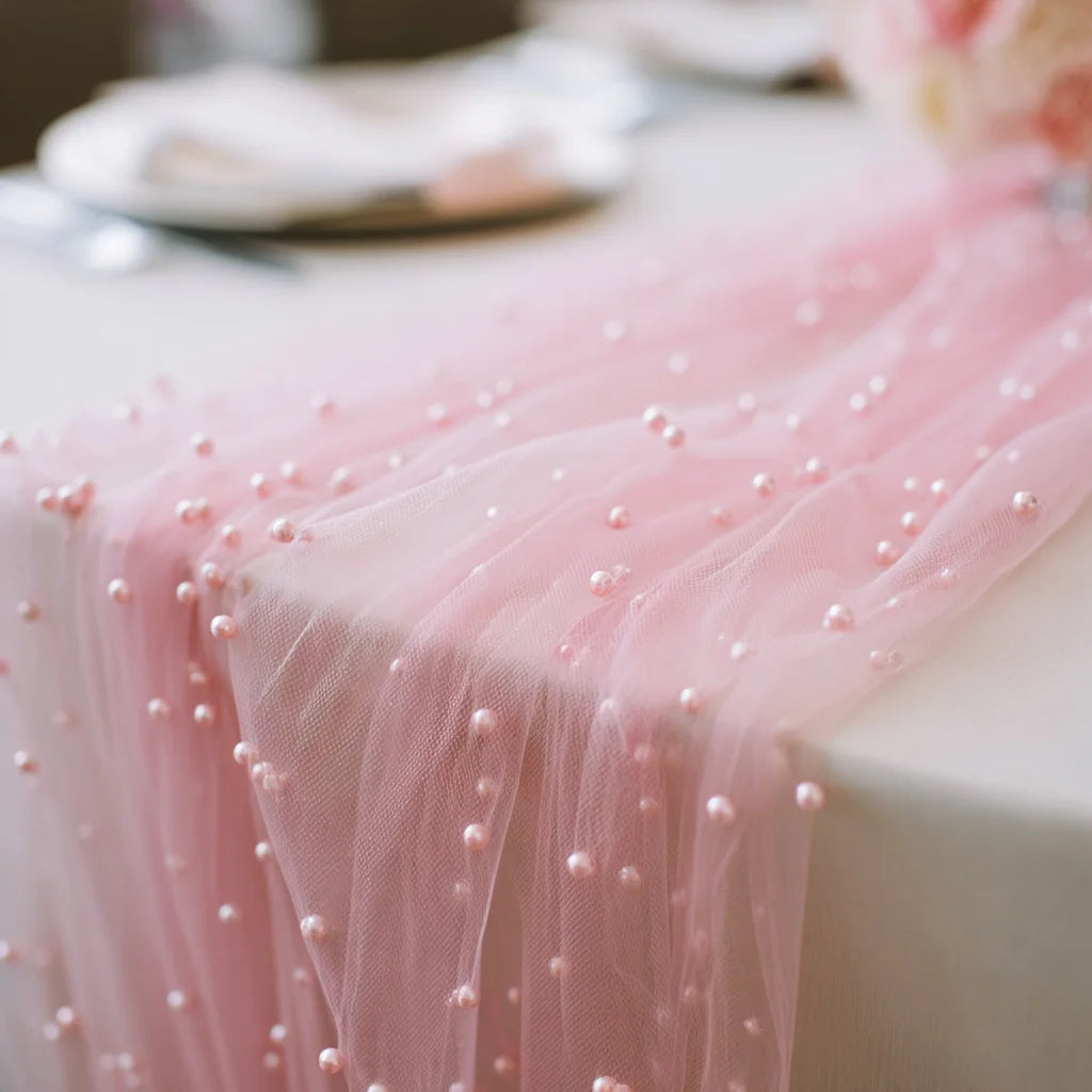 Pink Pearl Tulle Table Runner for Wedding and Event Decor