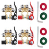 A pair of brass and red quick-release car battery terminal connectors with insulated wires.