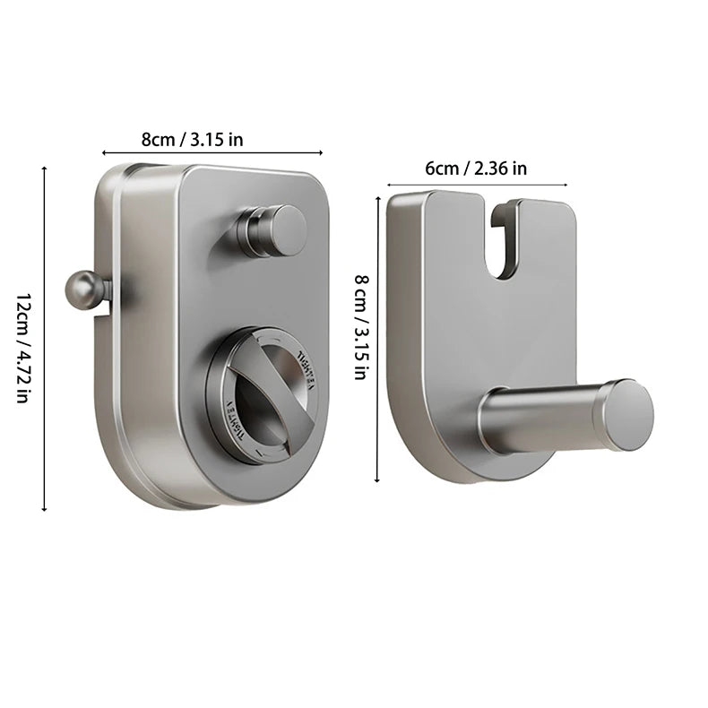 A silver retractable clothesline with an auto-retract locking system shown in two views.