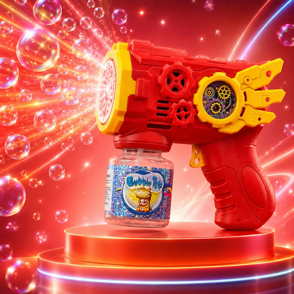 Rote und gelbe automatische Blaspistolen-Spielzeug auf einem Ständer vor einem hellen, funkelnden Hintergrund.
