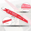 A close-up view of a red bi-metal reciprocating saw blade designed for cutting nail-embedded wood.