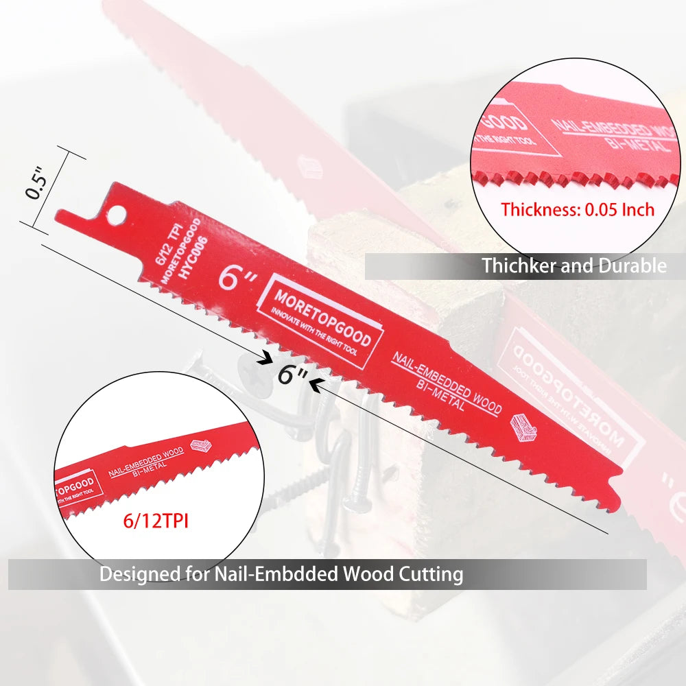A close-up view of a red bi-metal reciprocating saw blade designed for cutting nail-embedded wood.