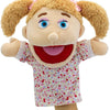 A soft hand puppet with blonde hair and large blue eyes, featuring a movable mouth for kids.