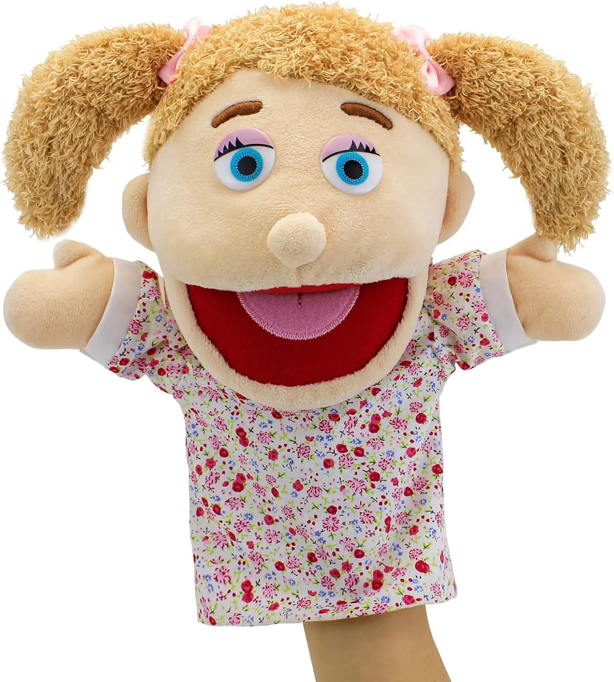 A soft hand puppet with blonde hair and large blue eyes, featuring a movable mouth for kids.