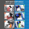 A woman is shown using a 3-in-1 travel neck pillow and sleep mask in a car seat, demonstrating its ergonomic position.