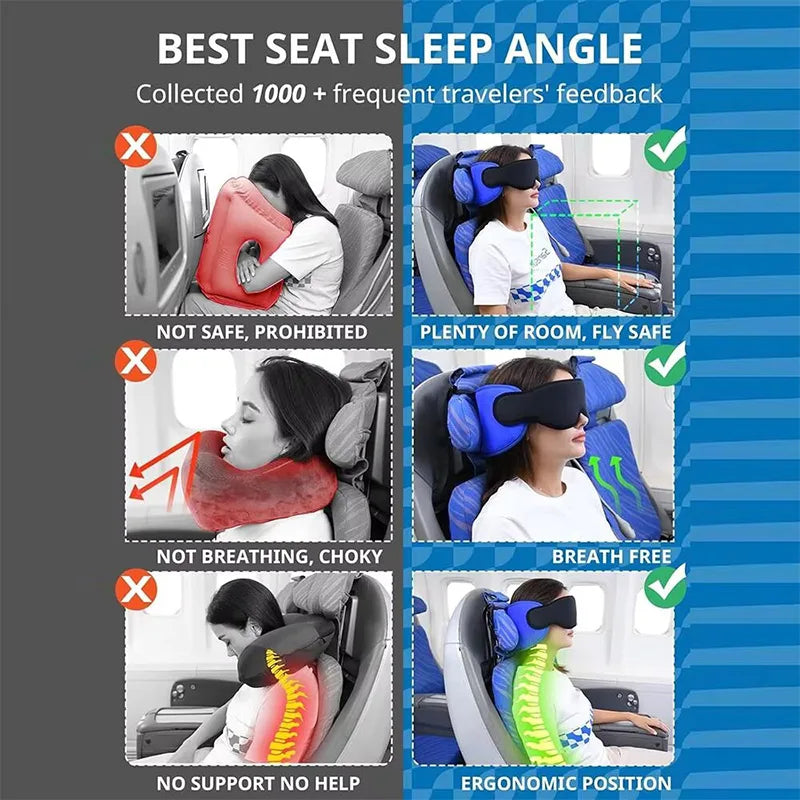 A woman is shown using a 3-in-1 travel neck pillow and sleep mask in a car seat, demonstrating its ergonomic position.