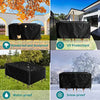 Black waterproof and UV resistant patio furniture cover shown in various weather conditions.