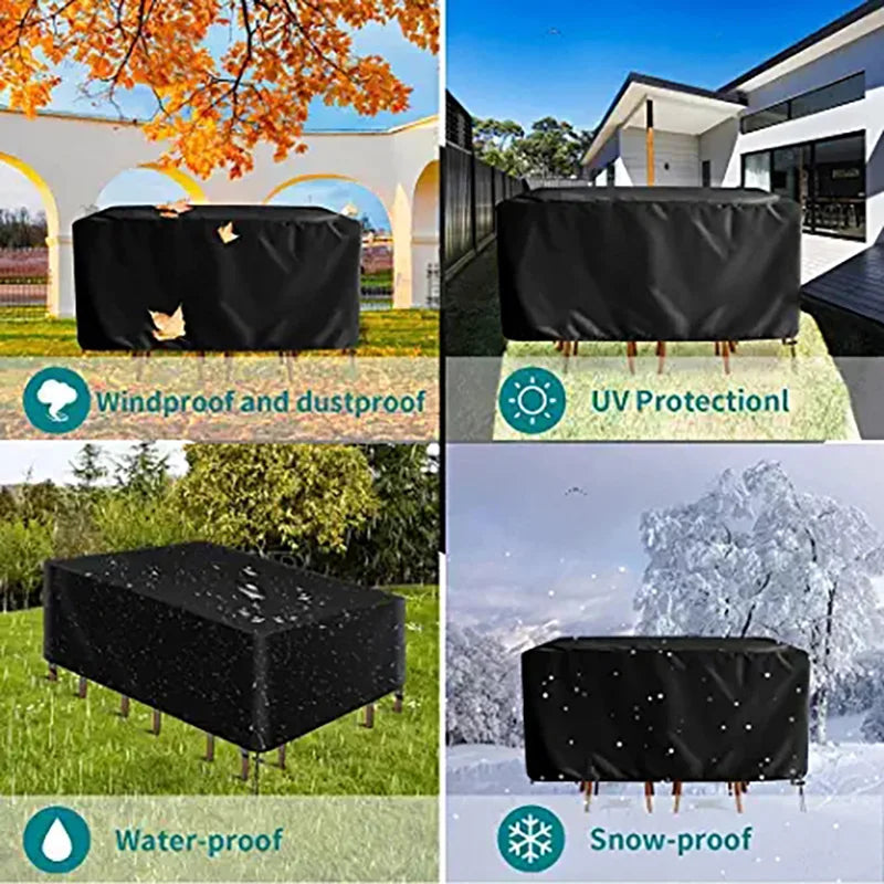 Black waterproof and UV resistant patio furniture cover shown in various weather conditions.