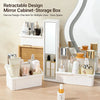 A white retractable design mirror cabinet storage box with adjustable compartments holding various cosmetic products.