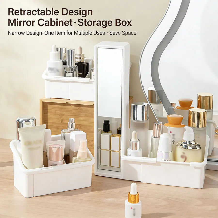 A white retractable design mirror cabinet storage box with adjustable compartments holding various cosmetic products.