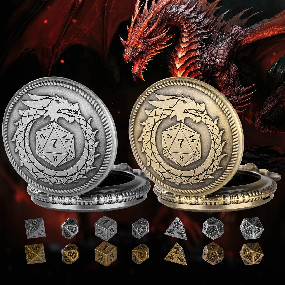 A dragon head silhouette looms over two silver and gold metal dice cases, with several polyhedral dice scattered below.